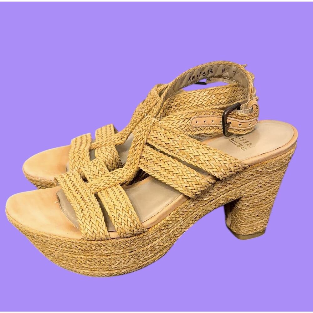Stuart Weitzman SIZE 8 Narrow woven raffia platform heels sandals Y2K Boho